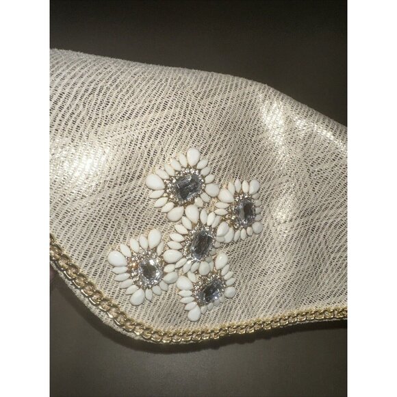 Kate Landry Cream Gold Chain White Jewel Stone Convertible Cocktail Clutch Purse - Picture 10 of 10